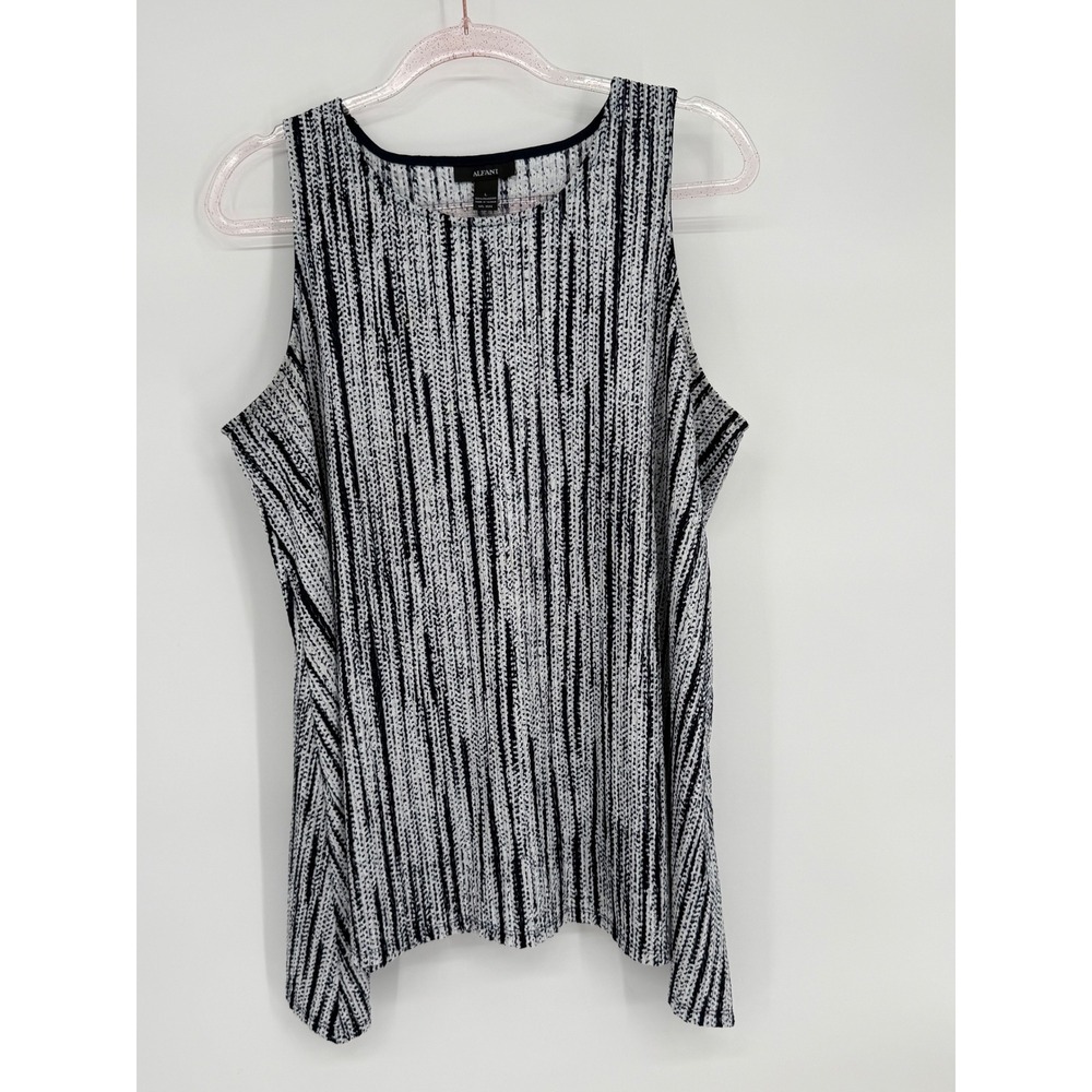 Alfani Womens Large Black White Abstract Stripe Sleeveless Tank Top Round Neck